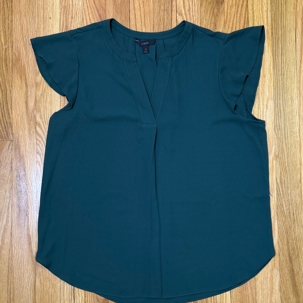 Ann Taylor Forest Green Flutter Sleeve Split-Neck Blouse